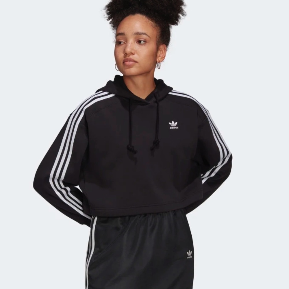 adidas Black Cropped Hoodie with White Stripes